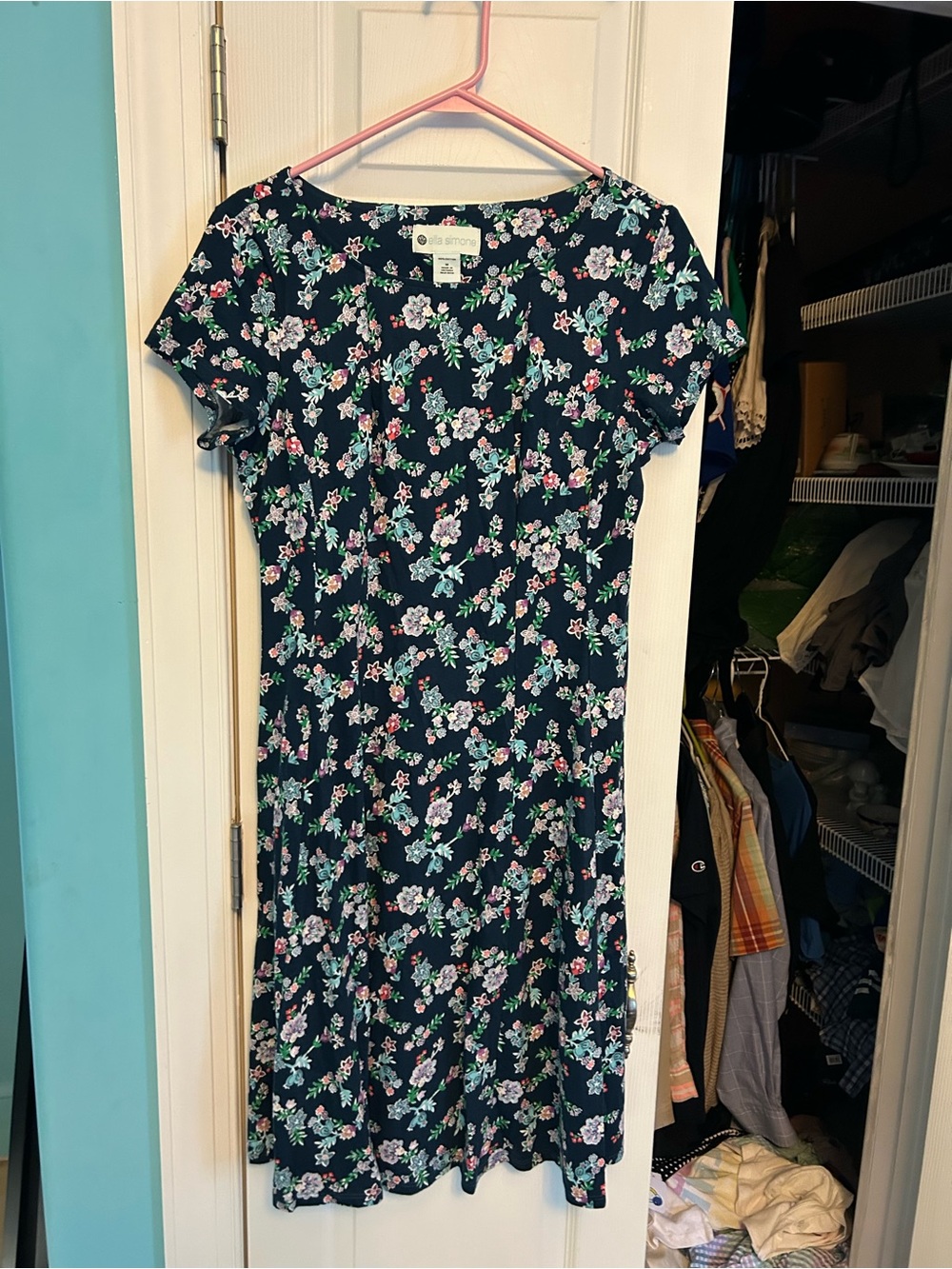 Women’s Navy Floral Midi Dress with Pink & Mint Accents